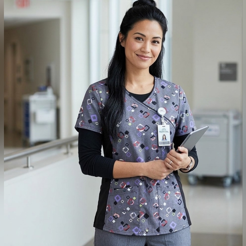 ScrubStar Patterned Scrub Top with Geometric Design Size XL